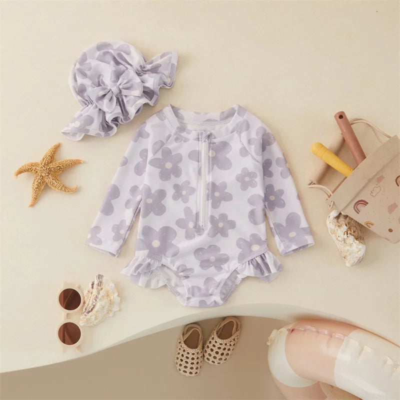Flower Girls One-Piece Swimsuit with Hat Set