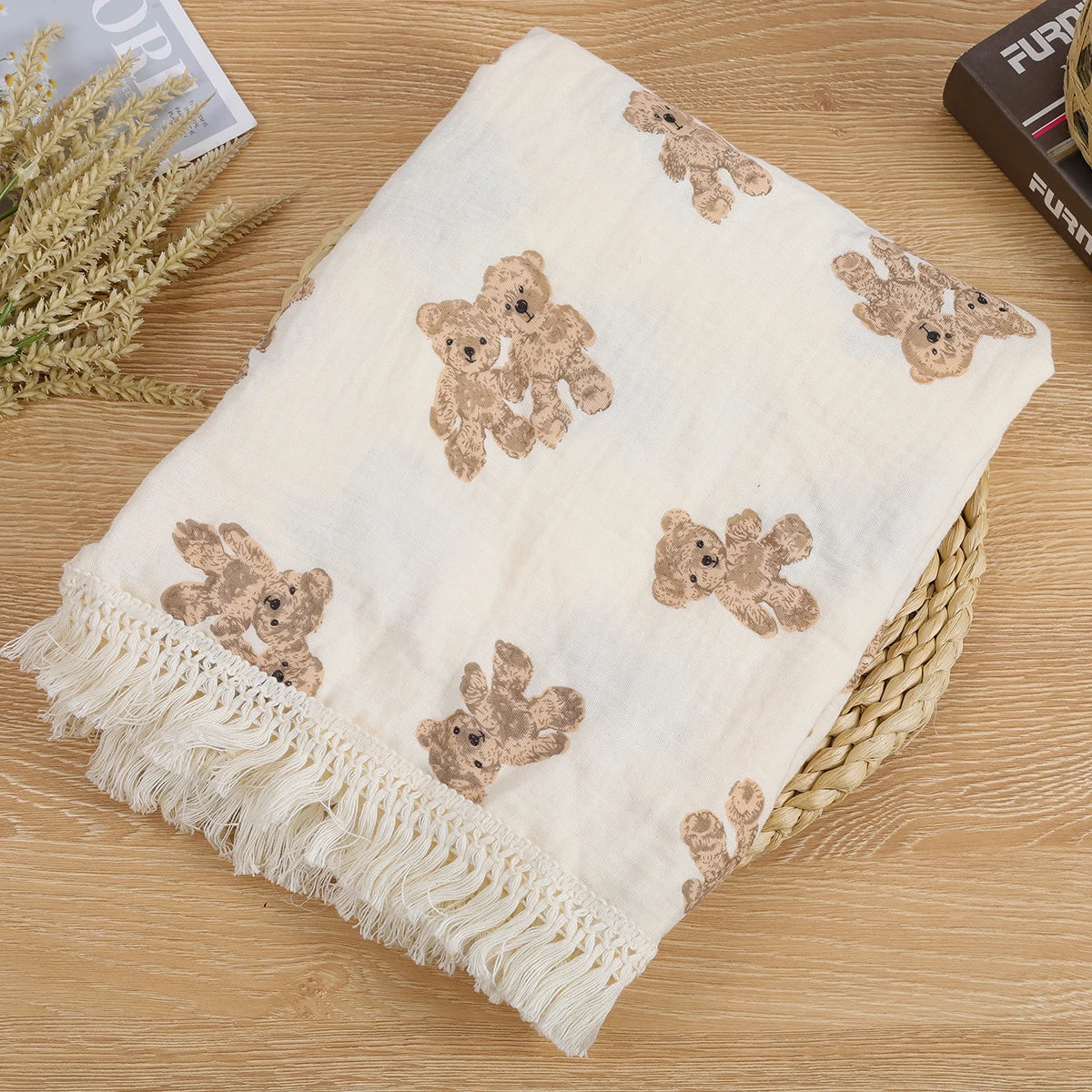 Double Guaze Tassel Swaddle Blankets For Baby Cotton Muslin